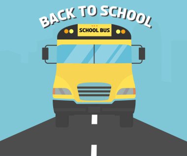 Okul otobüsü ön görüntüsü, okula dönüş temalı logo tasarımı. Okul afiş vektör tasarımı ve illüstrasyonuna tekrar hoş geldiniz.