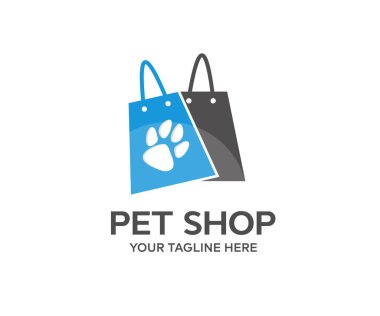 Pet shop logo design. Dog paw on bag, pet home, care, pet sitting, home animals, supermarket store vector design and illustration.