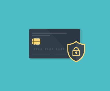 Kredi kartı logosu tasarımı vasıtasıyla güvensiz ödeme. Kalkanın arkasındaki plastik kart. Temassız işlem koruması, vektör tasarımı ve illüstrasyon.