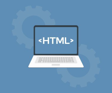 HTML kodlama konsepti, Web uygulama geliştirme logosu tasarımı. html kodlaması ve ekran dizüstü bilgisayarı, geliştirme ağı, geliştirici vektör tasarımı ve illüstrasyonunda programlama.