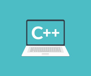 Ekran logosu dizaynında C + + + başlıklı dizüstü bilgisayar. Yazılım kaynağı kod vektör tasarımı ve illüstrasyonu.