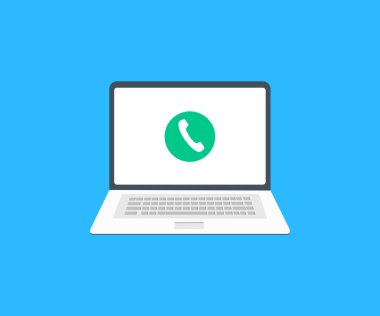 Laptop and Call Button on laptop screen logo design. Video chat, Video call conference user interface  vector design and illustration.
