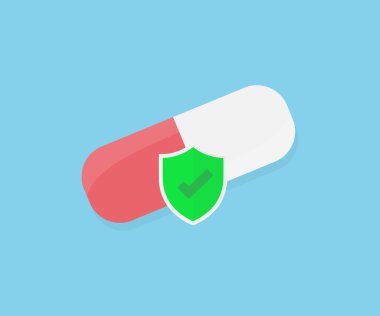 Pharmaceutical pill on blue background, medicine, safety, health protection logo design. Medicament painkillers, antibiotics, vitamins, mineral, bio active additives vector design and illustration.