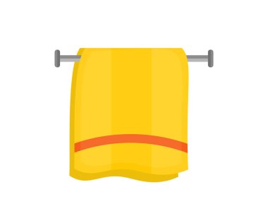 Bath towel, flat illustration logo design. Yellow fluffy bath towel hanging on wall. Towel bath for hygiene, bathroom textile  vector design and illustration.
