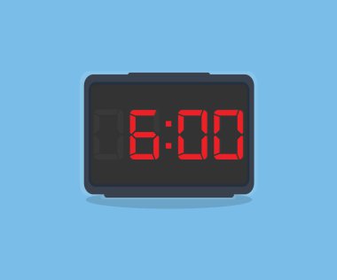 Digital black alarm clock displaying 6:00 o'clock logo design. igital clock with red numbers - Time to wake up, attend meeting or appointment, ring bounce alarm clock vector design and illustration.