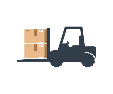 Box package cargo in forklift logo design. Parcel stacking cardboard box rack depot and warehouse storage, merchandise, shipment and logistic management vector design and illustration.