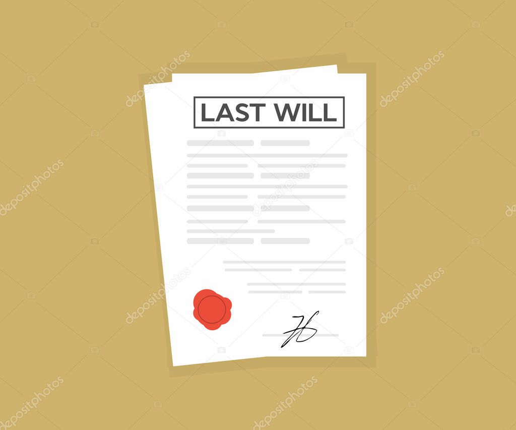 Signed last will. Document with stamp. Notarized testament logo design. Apostille and Notary services. Registration of the last will and testament vector design and illustration.