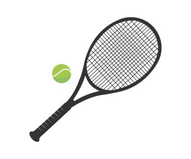 Tenis raketi ve top son moda düz logo tasarımında. Açık hava sporları konsepti. Düz yatıyordu. Profesyonel tenis ekipmanı vektör tasarımı ve illüstrasyonu.