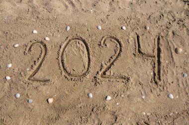 2024 rakamları el yazısıyla kumsalda, deniz kıyısında, kabuğun etrafında yazılır. Tatil konsepti, tatiller, yeni yıl, turizm, reklam, seyahat. Yüksek kalite fotoğraf