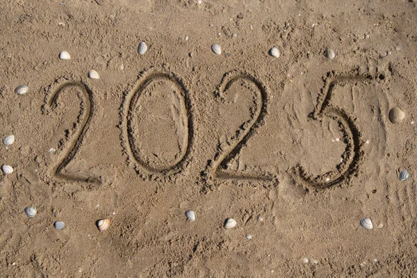 2025 rakamları el yazısıyla kumsalda, deniz kıyısında, kabuğun etrafında yazılır. Tatil, tatil, yeni yıl, turizm, reklam, seyahat konsepti. Yüksek kaliteli fotoğraf.