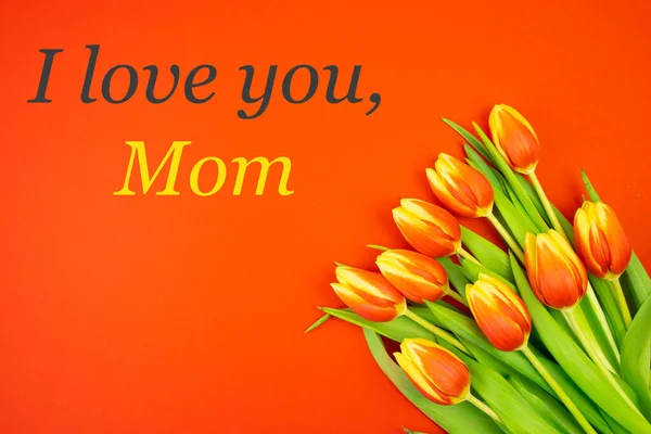 Tulips are yellow-red , on a red background and the text I LOVE YOU MOM. The concept of a holiday, gratitude to mom, recognition, apology, forgiveness . High quality photo