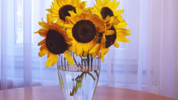 Gele Zonnebloemen Een Vaas Liggen Tafel Tegen Achtergrond Van Het — Stockvideo