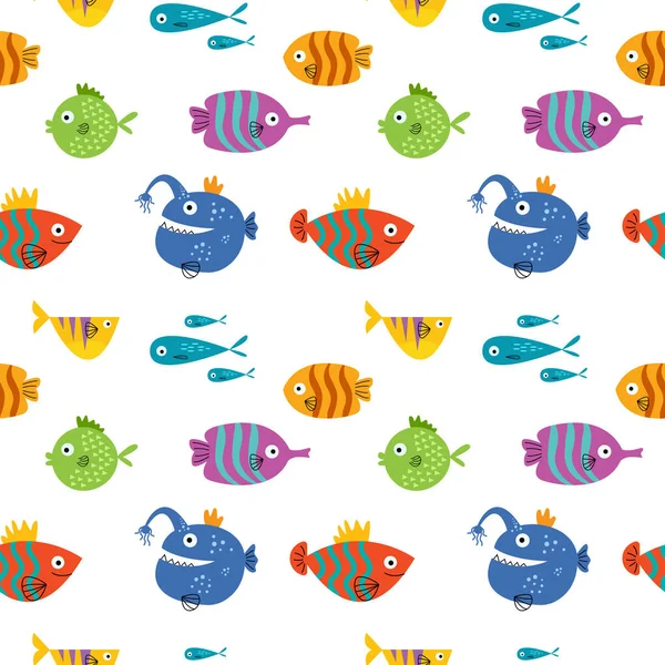 Peixe Sem Costura Desenho Animado Padrão Isolado Fundo Branco Ilustração — Vetor de Stock