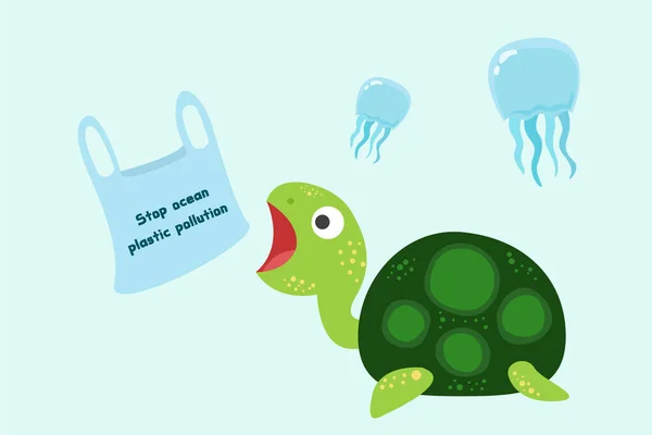 Plastic Pollution Ocean Environmental Problem Turtles Can Eat Plastic Bags — 图库矢量图片