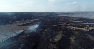 The camera flies over a burnt-out field