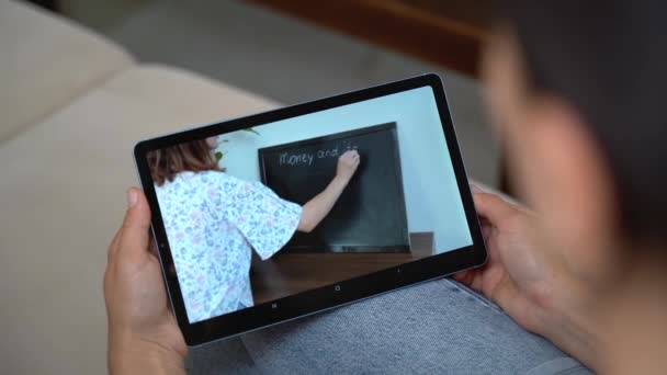 Shoulder View Woman Watching Video Tablet Online Study — Videoclip de stoc