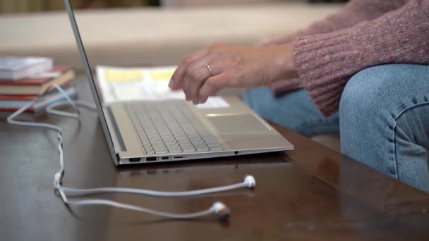 Girl Works Laptop Home Looks Entries Her Diary — Stock videók