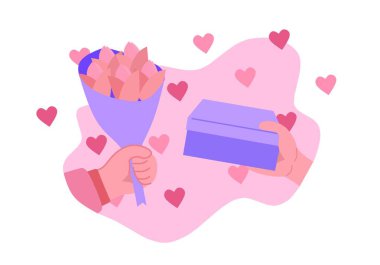 Sevgililer gününde kız arkadaşın için düz bir çiçek ve hediye.