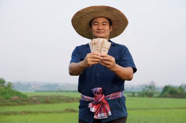 Asyalı çiftçinin portresi Tayland paralarını çeltik tarlasında tutuyor. Mutlu çiftçi kar, gelir ve tarım desteği alıyor. Ekinlerle gurur duyuyorum..                              