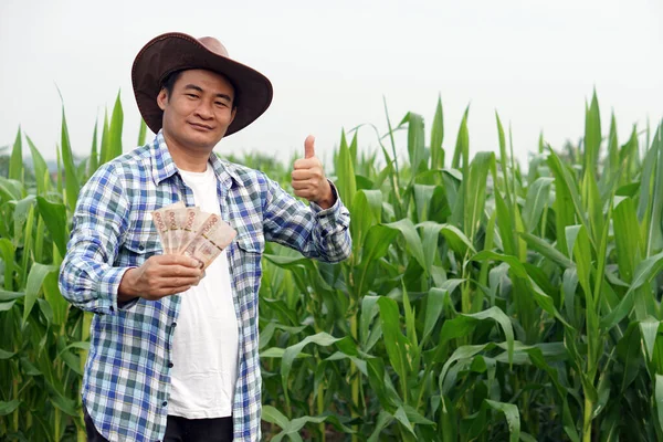 Asian farmer is at green maize field, holds Thai banknote money, feels happy and confident. Thumb up. Concept : Happy farmer to get profit, income, agriculture supporting money. Proud on crops.