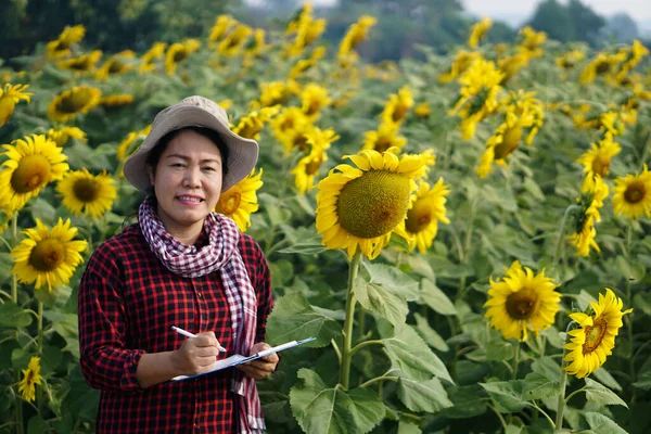 Asiatische Bäuerin Steht Sonnenblumengarten Hält Klemmbretter Der Hand Wachstum Und — Stockfoto
