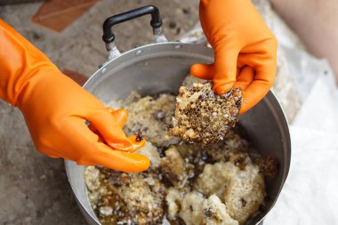 Eller eldiven giyer tencerede arı kovanını tutar, arı kovanından arı böceklerini seçer, pişirme ya da bal yapma işlemine hazırlanır. Tayland usulü yerel yemek pişirme.                     