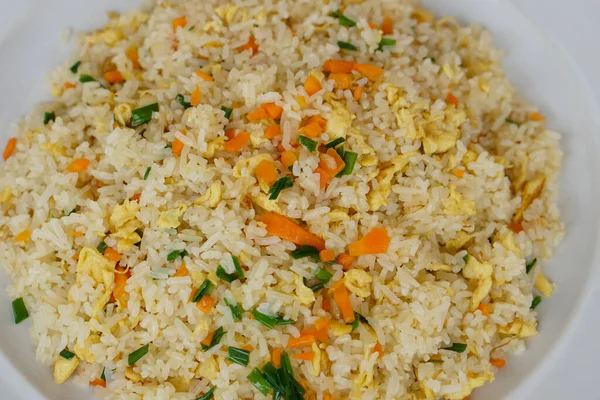 Closeup Thai Homemade Fried Rice Food Plate Mixed Eggs Carrots — стоковое фото