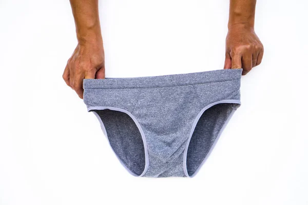 Man Hands Hold Gray Underwear Pants Men Isolated White Background — Foto Stock