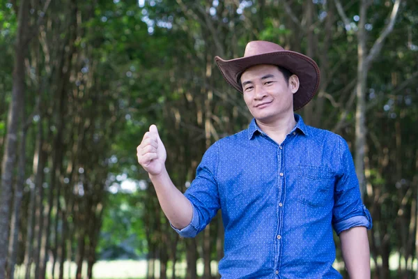 Portrait Handsome Asian Man Gardener Wear Hat Blue Shirt Thumbs — Foto de Stock