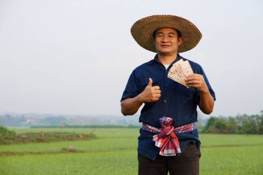 Asyalı çiftçinin portresi Tayland paralarını çeltik tarlasında tutuyor. Mutlu çiftçi kar, gelir ve tarımla desteklenen para kazanıyor. Ekinlerle gurur duyuyorum..    