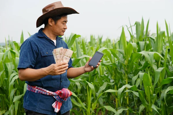 Portrait of Asian man farmer is at maize garden, holds Thai banknote money and smartphone. Concept : Farmer gets agricultural supporting money via mobile app. Technology in agriculture.