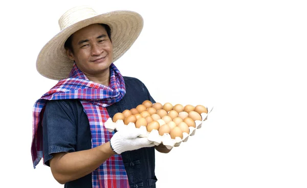 Glücklicher Gutaussehender Asiatischer Mann Hält Tablett Mit Frischen Hühnereiern Konzept — Stockfoto