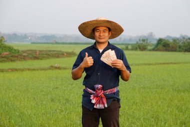 Asyalı bir çiftçinin portresi çeltik tarlasında, Tayland banknotlarının parasını elinde tutuyor. Mutlu çiftçi kar, gelir ve tarım desteği alıyor. Ekinlerle gurur duyuyorum..                    