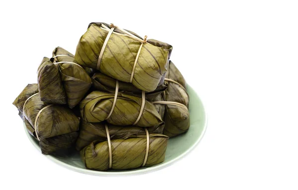 Thai Traditional Dessert Glutinous Rice Steamed Wrapped Banana Leaf Tied —  Fotos de Stock