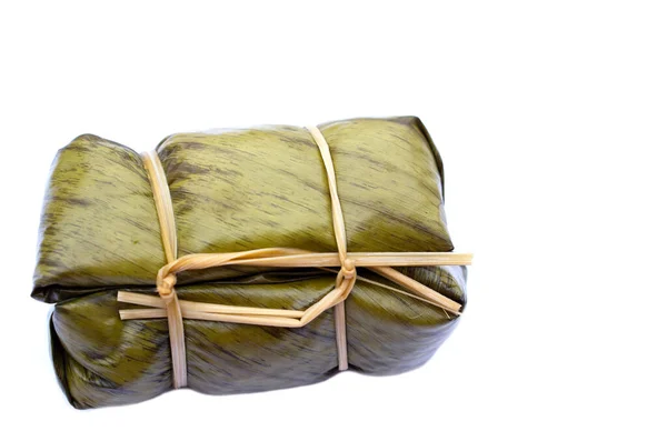 Thai Traditional Dessert Glutinous Rice Steamed Wrapped Banana Leaf Tied — Stockfoto