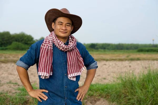 Handsome Asian Man Farmer Plantation Wears Hat Blue Shirt Thai — Foto de Stock