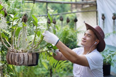 Yakışıklı Asyalı adam arka bahçede çiçeklerle ilgileniyor, müzik dinliyor. Kavram: dinlenme zamanı, hobi, evde çalışma. Kendine biraz zaman tanı. Doğa ile çalışmak.                         