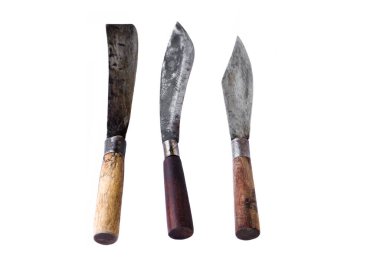 Collection of vintage knives, isolated on white background. Concept : Tool or equipment in kitchen, use for chopping, cutting when cooking or other purposes as weapon, hunting. knives in local kitchen