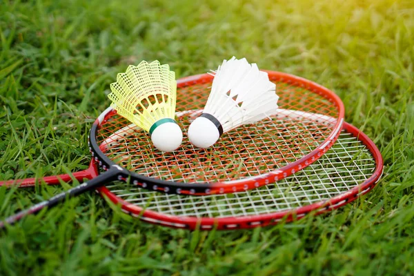 Badminton shuttlecocks and racket on grass floor. Concept : Sport with equipment, workout. Recreational sport that can be played for fun or exercise and competition in team or individual.