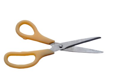 Scissors with orange handles isolated on white background. Concept : office or school tools or equipment for cutting paper, clothes or other materials which used in daily life.  