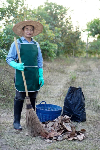 Asian Man Gardener Holds Bloom Basket Black Garbage Bag Get — Foto Stock