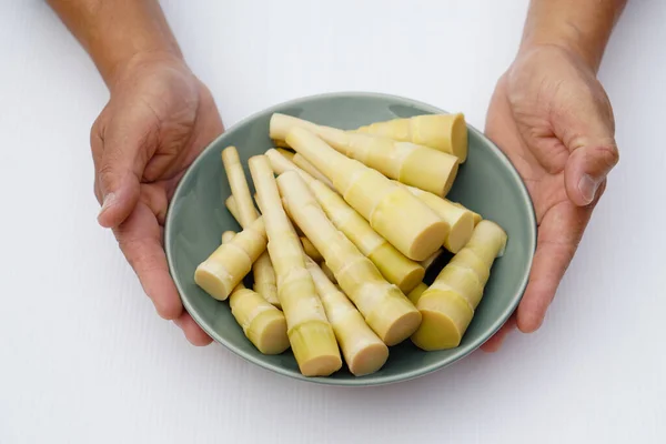 Closeup Hands Hold Plate Boiled Bamboo Shoots Local Thai Food — Stockfoto