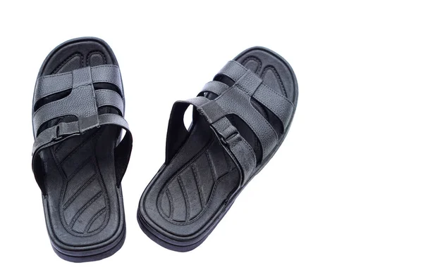 Black Rubber Sandals Isolated White Background Concept Fashionable Footwear Men —  Fotos de Stock