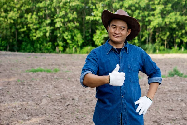 Handsome Asian man farmer is at plantation. He wears hat, blue shirt and gloves, put hand on hips, thumbs up, feels confident, looks at camera. Concept : Agriculture occupation.