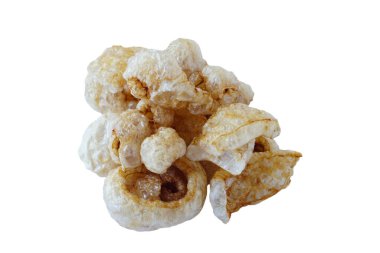 Homemade pork rind leather lean pork fried crispy. Crunchy snack that made of pork skin isolated on white background. Concept : Thai traditional food.        