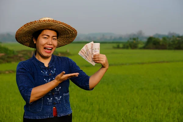 Asian farmer woman is at paddy field, hold Thai banknote money. Feeling excited and happy.  Concept : Happy farmer get profit, income, agriculture supporting money. Proud on crops.