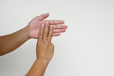Closeup hand sign gesture. Three fingers on palm.  Concept : Sign Language to teach or communicate with deaf disabled. Education for handicaps.          