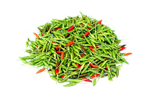 Pile Green Red Thai Chilies White Background Concept Food Ingredient — ストック写真