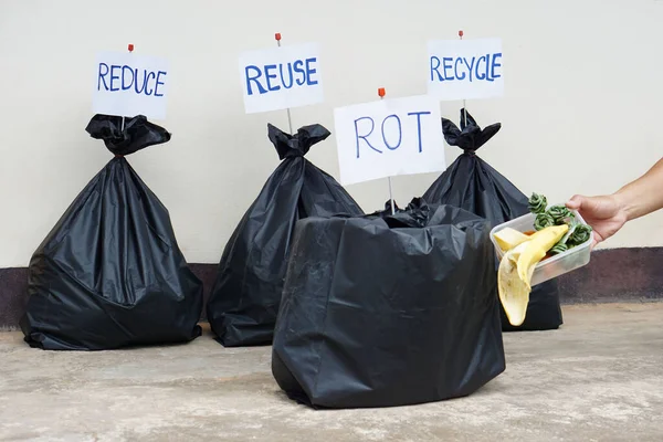 Black plastic bags that contain garbage inside. Hand holds  food scraps to throw into bag for rot garbage for making compost.      Concept : Waste management and sorting. Environment issue.