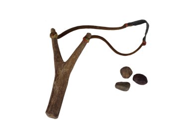 Handmade wooden slingshot,  a Y-shaped stick with elastic between the arms; used to propel small stones  Thai traditional weapon that use to shoot birds, fish , for fight  game or other purposes.     